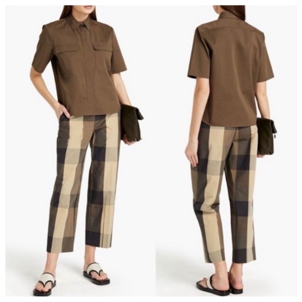 Theory High-Rise Straight Pant Silk-Cotton Check Plaid Trousers Tan Brown 4